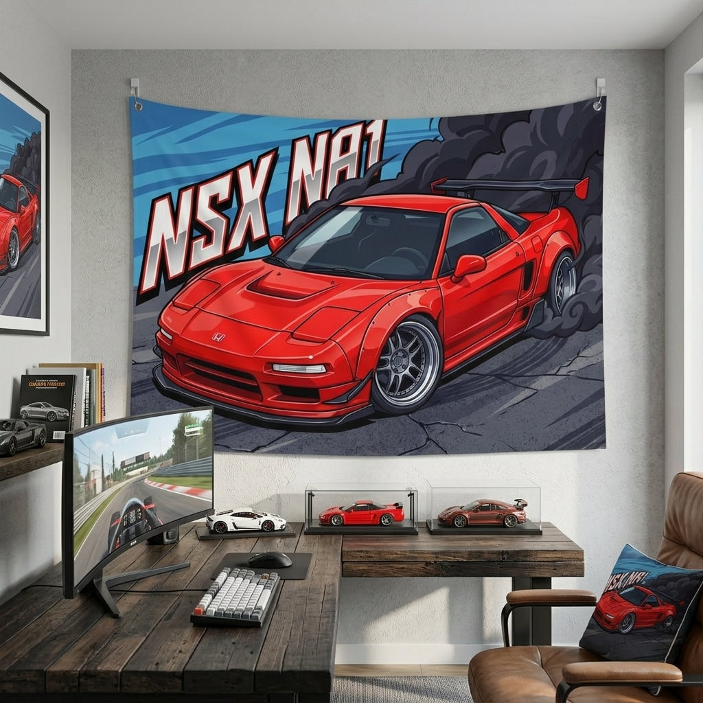 Honda NSX NA1 Red GT Wing Silver Wheels Low Front Street Bold Graphic Car Wall Art Tapestry