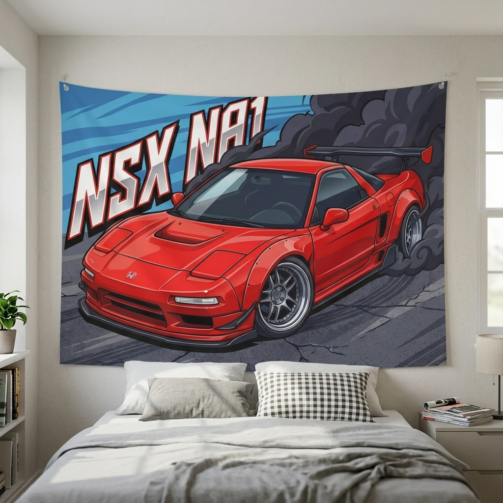 Honda NSX NA1 Red GT Wing Silver Wheels Low Front Street Bold Graphic Car Wall Art Tapestry