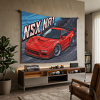 Honda NSX NA1 Red GT Wing Silver Wheels Low Front Street Bold Graphic Car Wall Art Tapestry