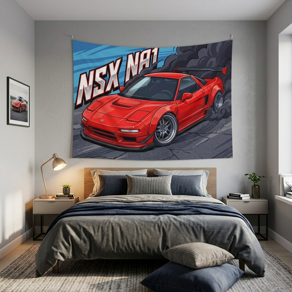 Honda NSX NA1 Red GT Wing Silver Wheels Low Front Street Bold Graphic Car Wall Art Tapestry