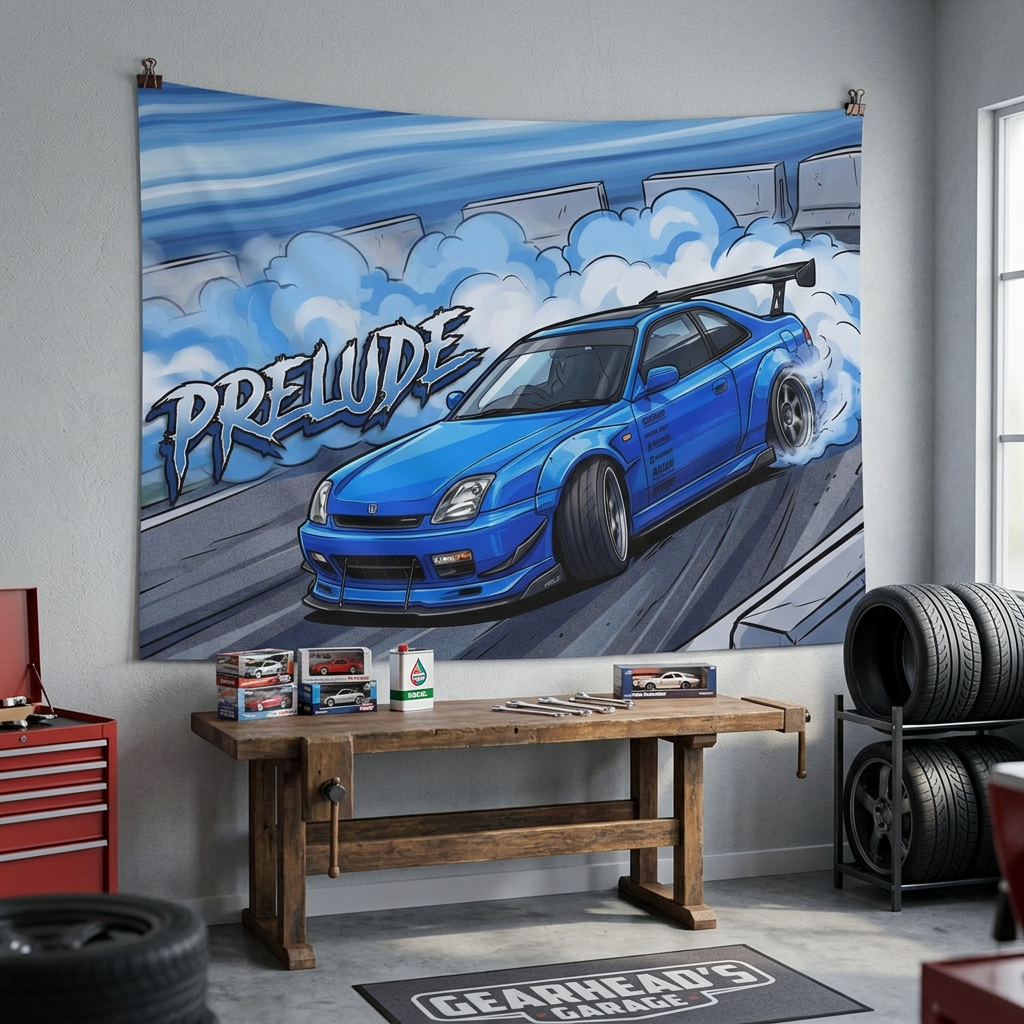 Honda Prelude BB6 Blue Sponsor Decals GT Wing Dark Wheels Track Burnout Bold Graphic Car Wall Art Tapestry