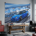 Honda Prelude BB6 Blue Sponsor Decals GT Wing Dark Wheels Track Burnout Bold Graphic Car Wall Art Tapestry