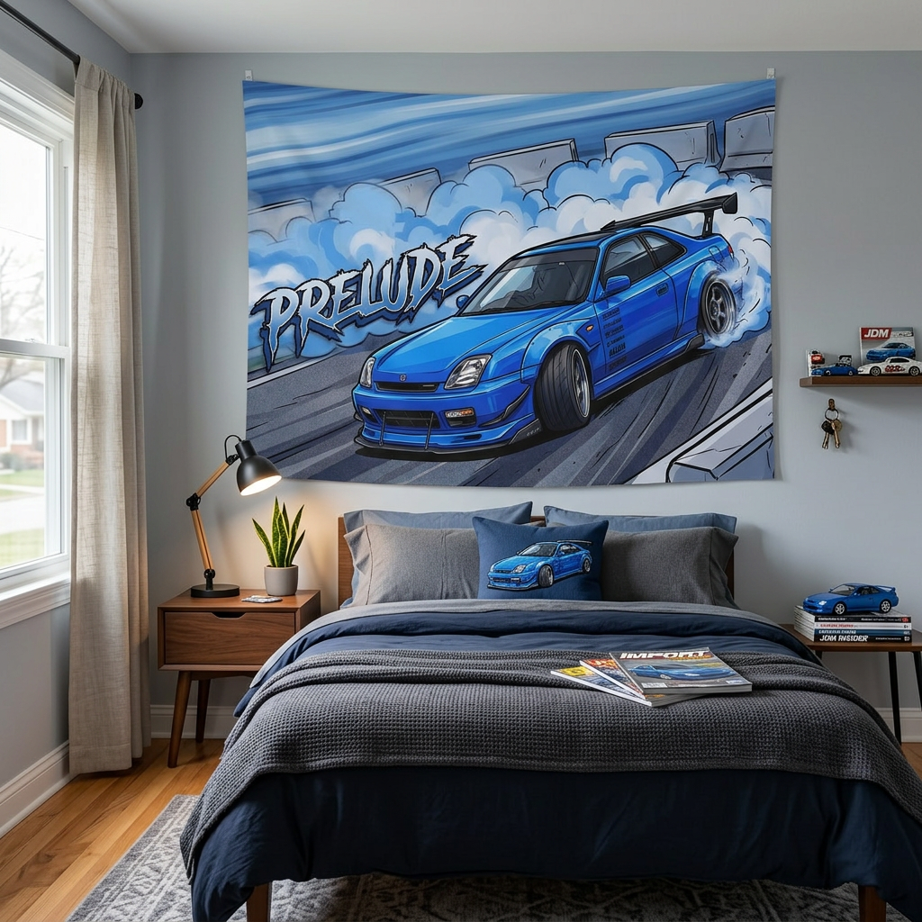 Honda Prelude BB6 Blue Sponsor Decals GT Wing Dark Wheels Track Burnout Bold Graphic Car Wall Art Tapestry