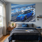Honda Prelude BB6 Blue Sponsor Decals GT Wing Dark Wheels Track Burnout Bold Graphic Car Wall Art Tapestry