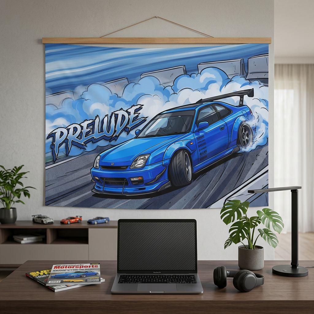 Honda Prelude BB6 Blue Sponsor Decals GT Wing Dark Wheels Track Burnout Bold Graphic Car Wall Art Tapestry