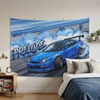 Honda Prelude BB6 Blue Sponsor Decals GT Wing Dark Wheels Track Burnout Bold Graphic Car Wall Art Tapestry