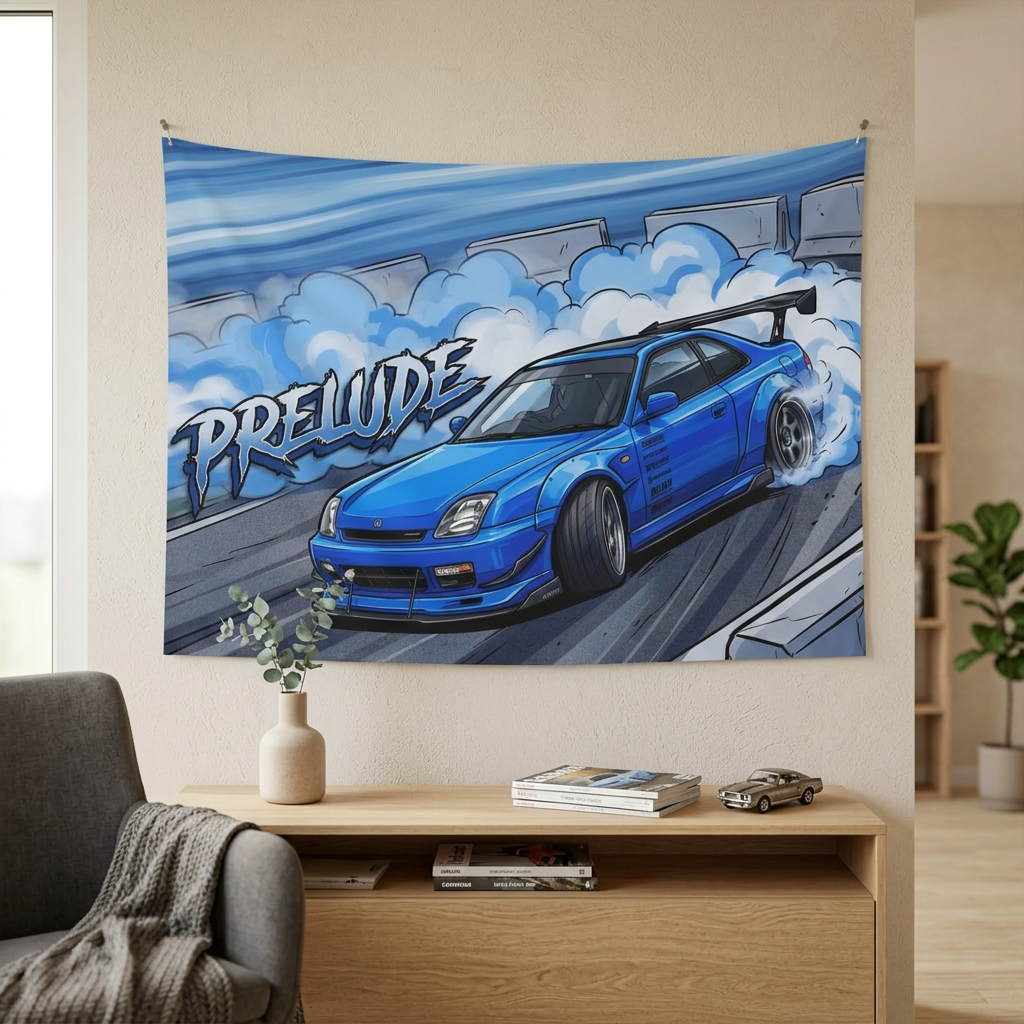 Honda Prelude BB6 Blue Sponsor Decals GT Wing Dark Wheels Track Burnout Bold Graphic Car Wall Art Tapestry