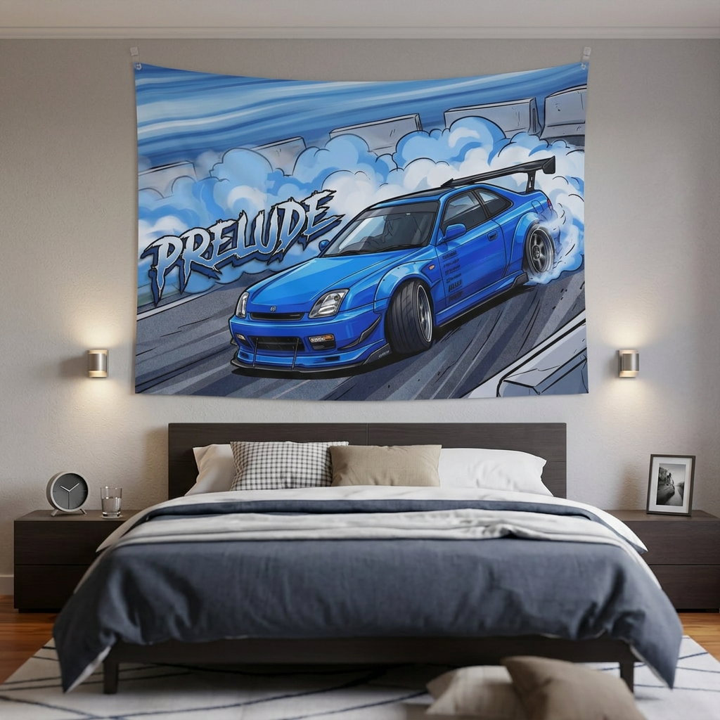 Honda Prelude BB6 Blue Sponsor Decals GT Wing Dark Wheels Track Burnout Bold Graphic Car Wall Art Tapestry