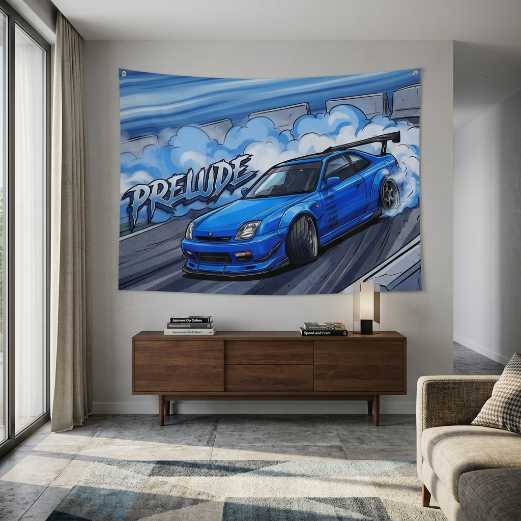 Honda Prelude BB6 Blue Sponsor Decals GT Wing Dark Wheels Track Burnout Bold Graphic Car Wall Art Tapestry