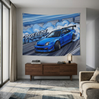 Honda Prelude BB6 Blue Sponsor Decals GT Wing Dark Wheels Track Burnout Bold Graphic Car Wall Art Tapestry