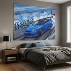 Honda Prelude BB6 Blue Sponsor Decals GT Wing Dark Wheels Track Burnout Bold Graphic Car Wall Art Tapestry