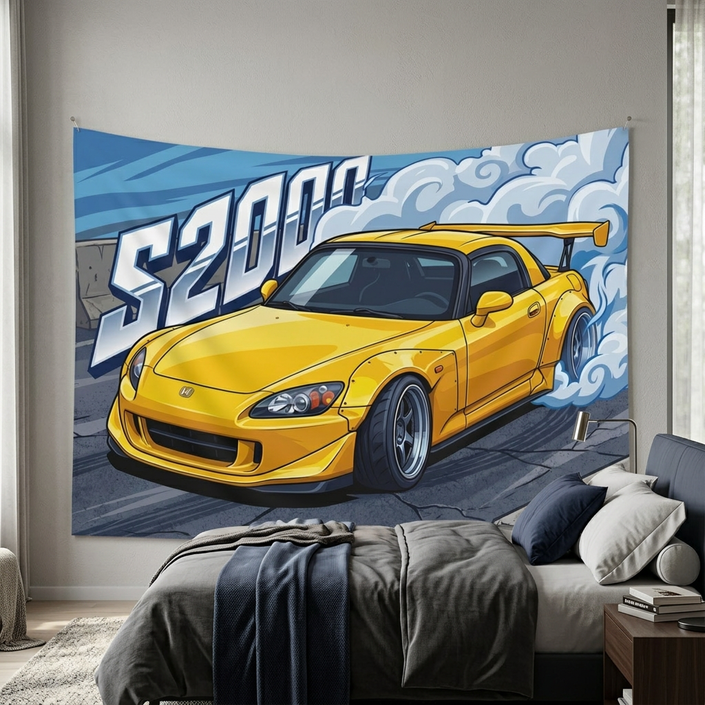 Honda S2000 AP2 Yellow GT Wing Dark Wheels Low Front Street Bold Graphic Car Wall Art Tapestry