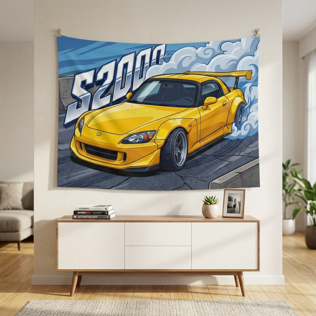 Honda S2000 AP2 Yellow GT Wing Dark Wheels Low Front Street Bold Graphic Car Wall Art Tapestry