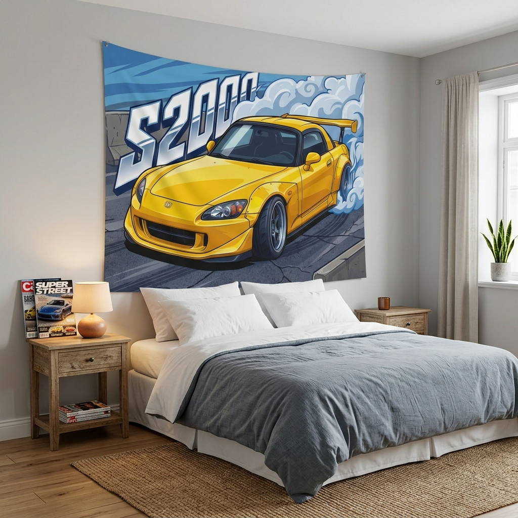 Honda S2000 AP2 Yellow GT Wing Dark Wheels Low Front Street Bold Graphic Car Wall Art Tapestry