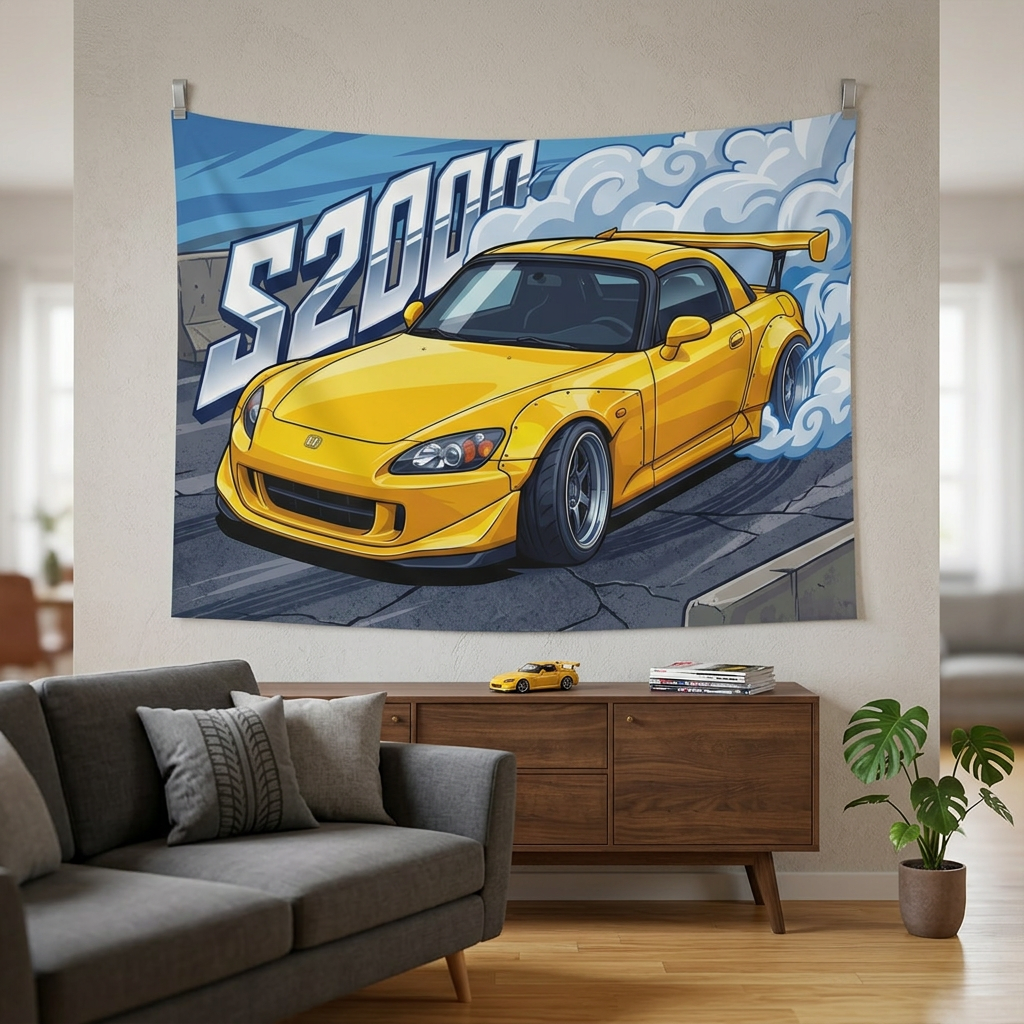 Honda S2000 AP2 Yellow GT Wing Dark Wheels Low Front Street Bold Graphic Car Wall Art Tapestry