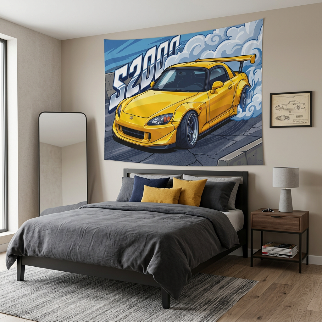 Honda S2000 AP2 Yellow GT Wing Dark Wheels Low Front Street Bold Graphic Car Wall Art Tapestry