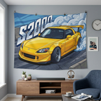 Honda S2000 AP2 Yellow GT Wing Dark Wheels Low Front Street Bold Graphic Car Wall Art Tapestry