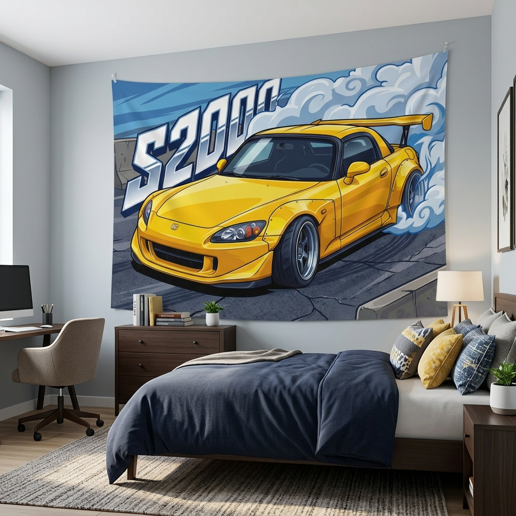 Honda S2000 AP2 Yellow GT Wing Dark Wheels Low Front Street Bold Graphic Car Wall Art Tapestry