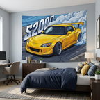 Honda S2000 AP2 Yellow GT Wing Dark Wheels Low Front Street Bold Graphic Car Wall Art Tapestry