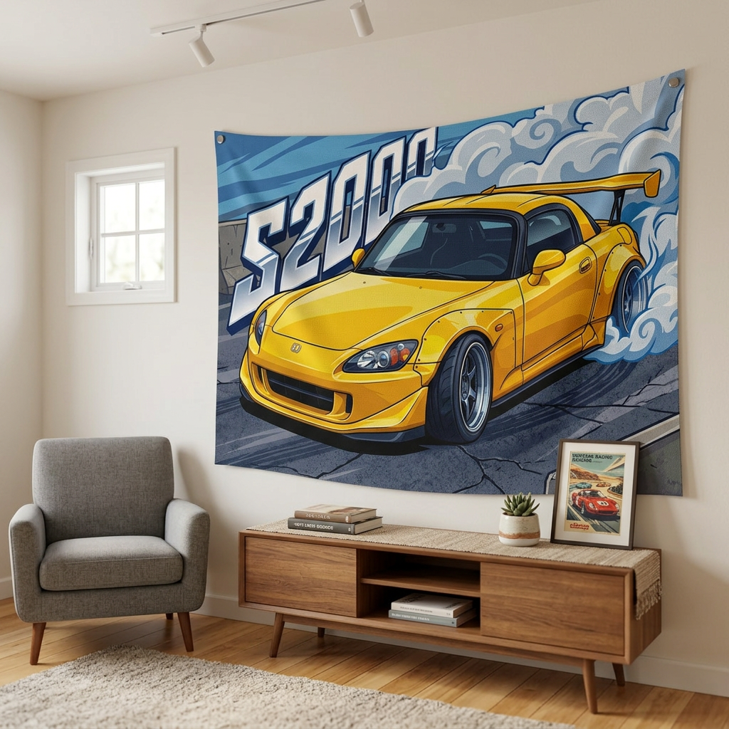 Honda S2000 AP2 Yellow GT Wing Dark Wheels Low Front Street Bold Graphic Car Wall Art Tapestry