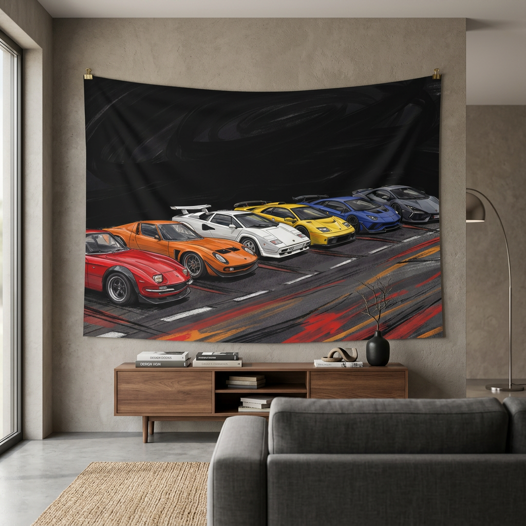 Lamborghini Legends Miura Countach Diablo Aventador Evolution Car Wall Art Tapestry