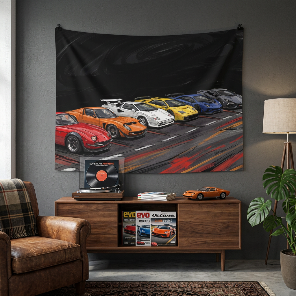 Lamborghini Legends Miura Countach Diablo Aventador Evolution Car Wall Art Tapestry