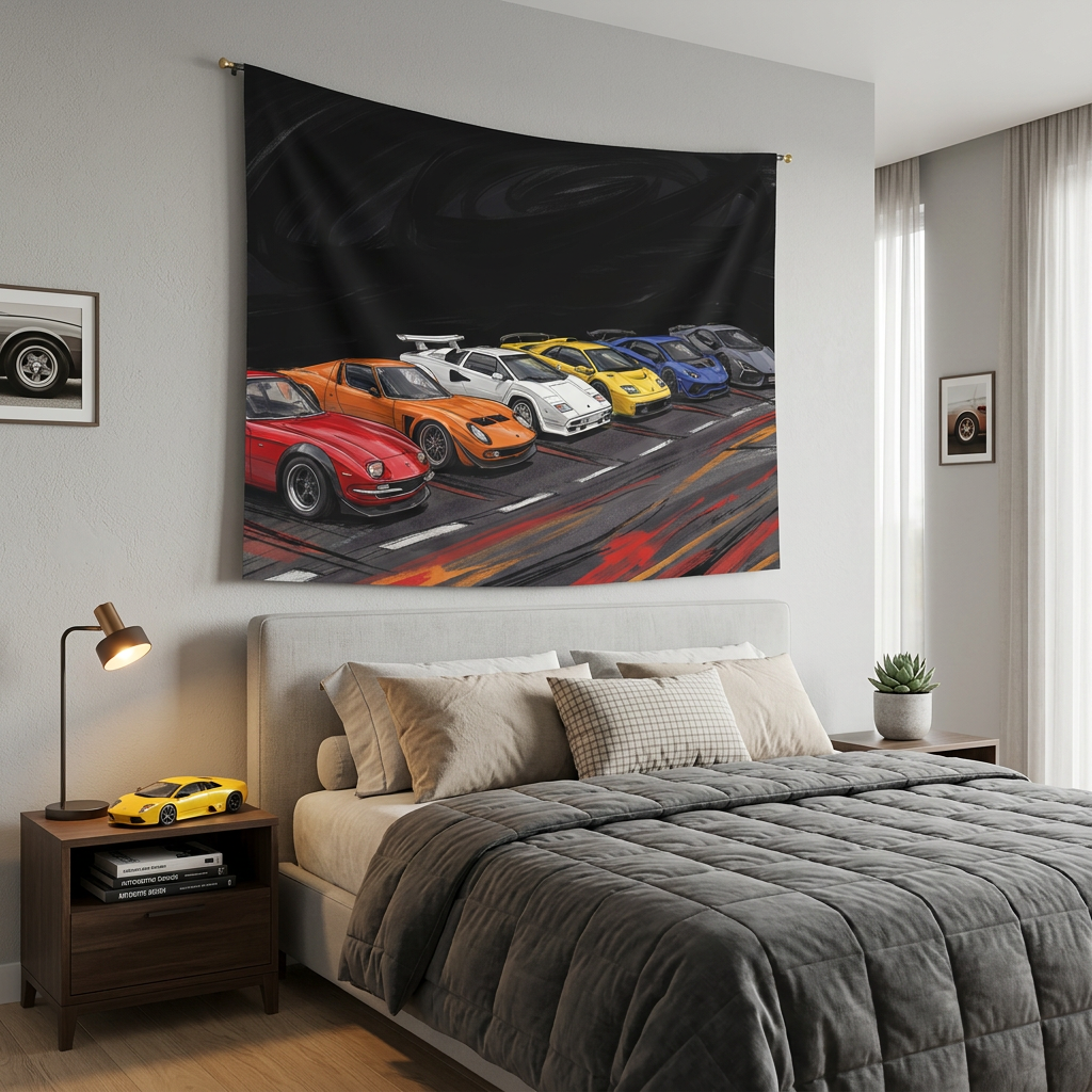 Lamborghini Legends Miura Countach Diablo Aventador Evolution Car Wall Art Tapestry