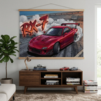 Mazda RX-7 FD3S Maroon Red GT Wing Dark Wheels Vented Bonnet Street Burnout Bold Graphic Car Wall Art Tapestry