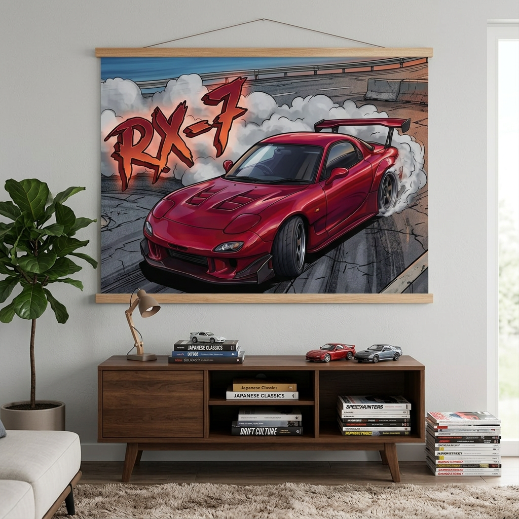 Mazda RX-7 FD3S Maroon Red GT Wing Dark Wheels Vented Bonnet Street Burnout Bold Graphic Car Wall Art Tapestry
