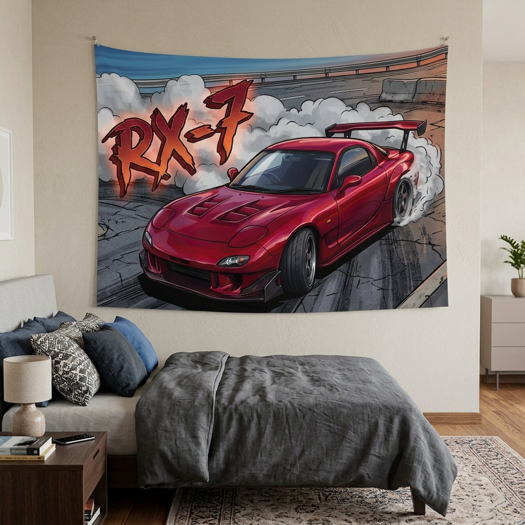 Mazda RX-7 FD3S Maroon Red GT Wing Dark Wheels Vented Bonnet Street Burnout Bold Graphic Car Wall Art Tapestry