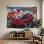 Mazda RX-7 FD3S Maroon Red GT Wing Dark Wheels Vented Bonnet Street Burnout Bold Graphic Car Wall Art Tapestry