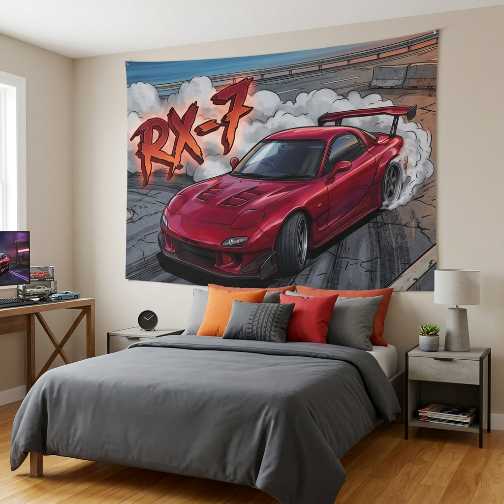 Mazda RX-7 FD3S Maroon Red GT Wing Dark Wheels Vented Bonnet Street Burnout Bold Graphic Car Wall Art Tapestry