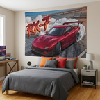 Mazda RX-7 FD3S Maroon Red GT Wing Dark Wheels Vented Bonnet Street Burnout Bold Graphic Car Wall Art Tapestry