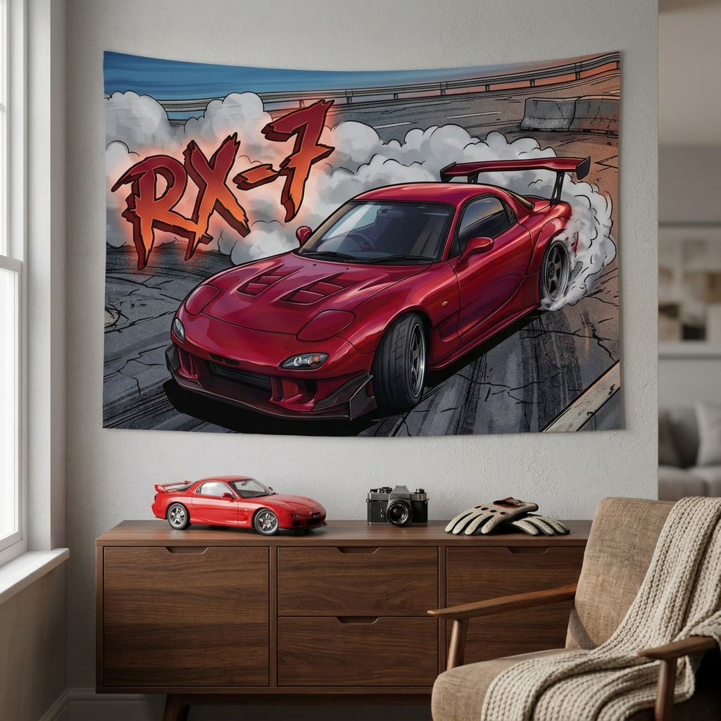 Mazda RX-7 FD3S Maroon Red GT Wing Dark Wheels Vented Bonnet Street Burnout Bold Graphic Car Wall Art Tapestry