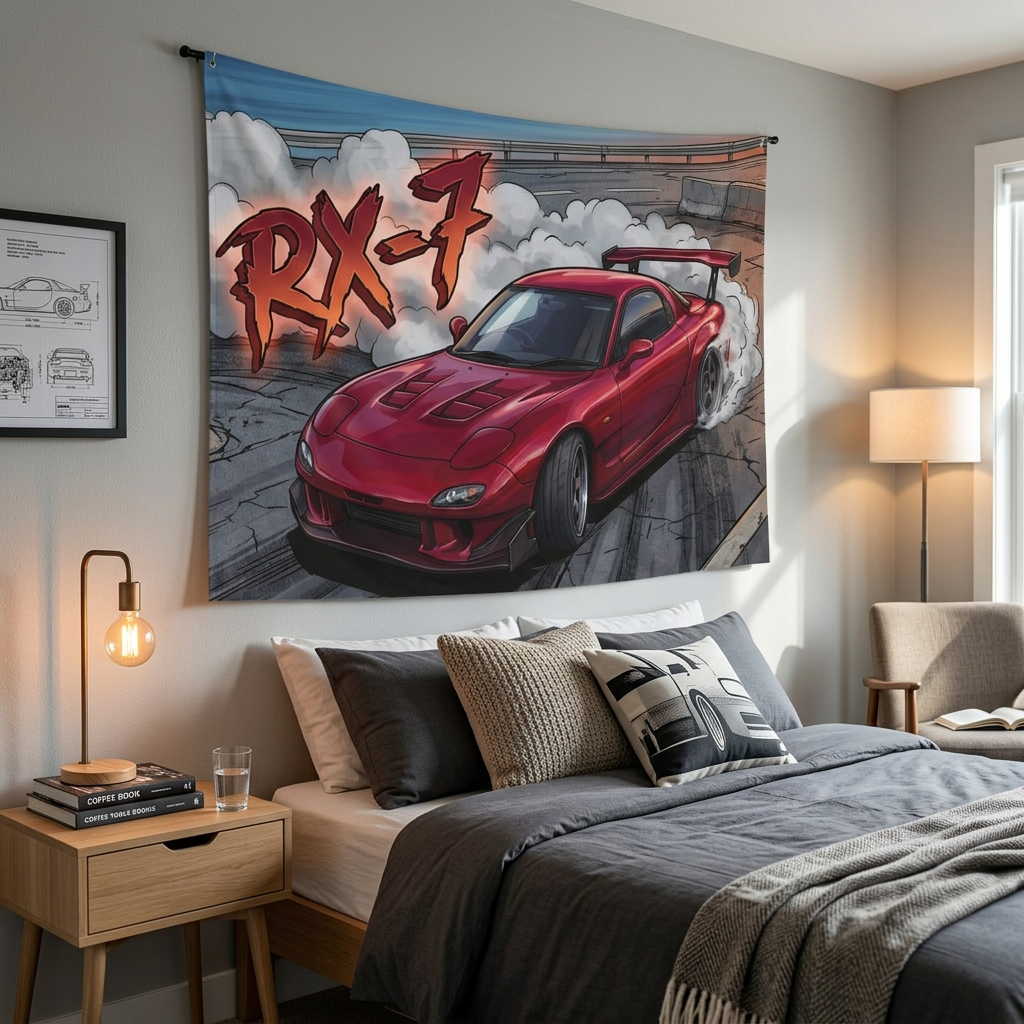 Mazda RX-7 FD3S Maroon Red GT Wing Dark Wheels Vented Bonnet Street Burnout Bold Graphic Car Wall Art Tapestry