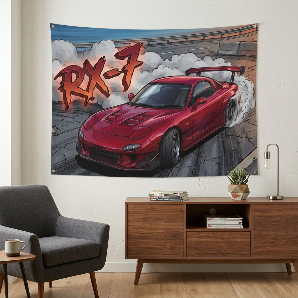 Mazda RX-7 FD3S Maroon Red GT Wing Dark Wheels Vented Bonnet Street Burnout Bold Graphic Car Wall Art Tapestry