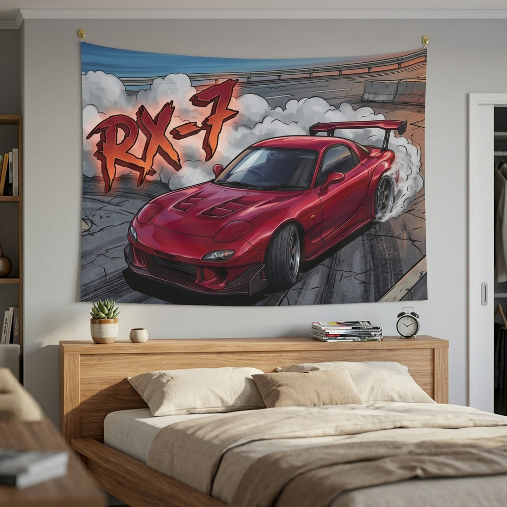 Mazda RX-7 FD3S Maroon Red GT Wing Dark Wheels Vented Bonnet Street Burnout Bold Graphic Car Wall Art Tapestry