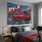 Mazda RX-8 Red GT Wing Dark Wheels Rear Drift Track Bold Graphic Car Wall Art Tapestry