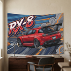 Mazda RX-8 Red GT Wing Dark Wheels Rear Drift Track Bold Graphic Car Wall Art Tapestry