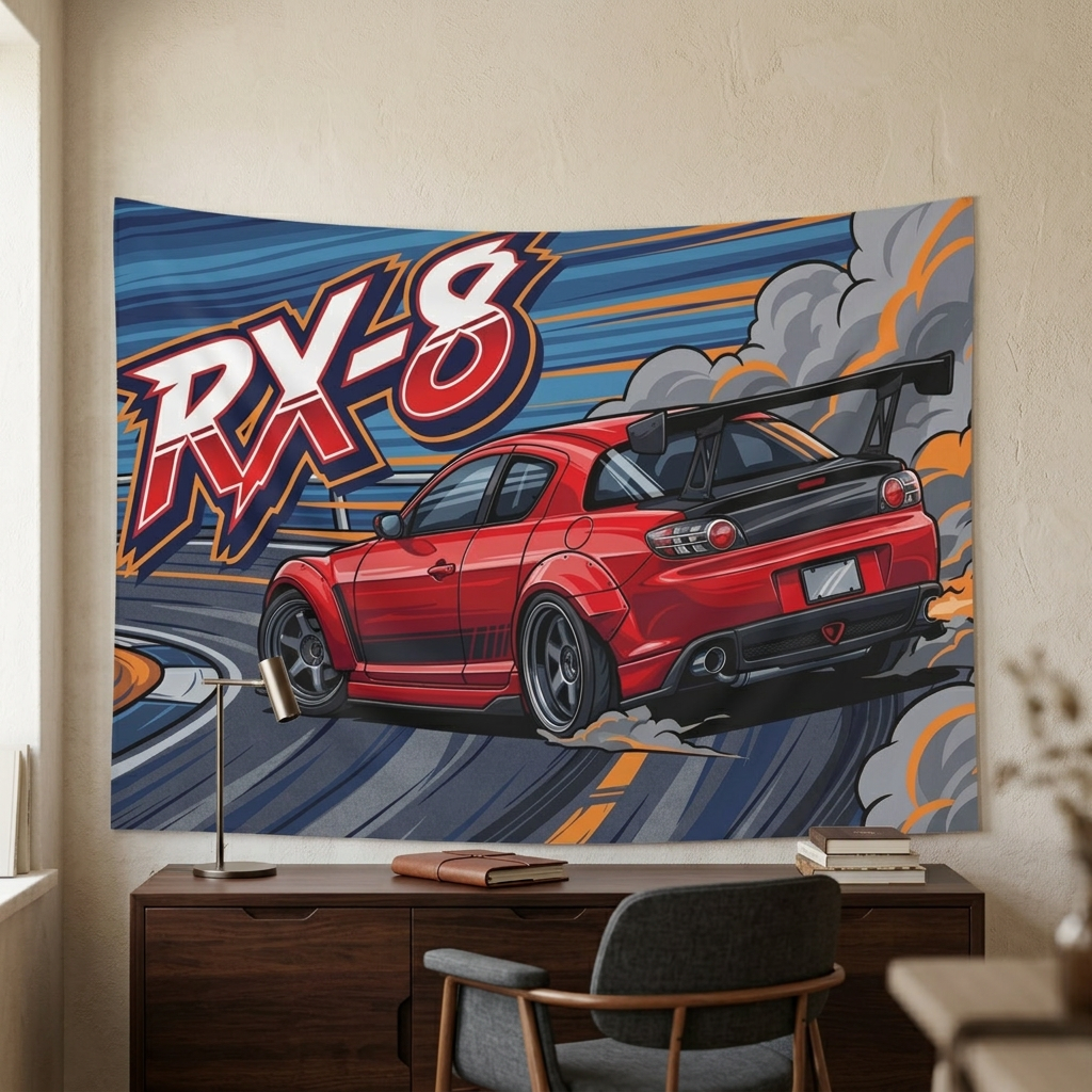 Mazda RX-8 Red GT Wing Dark Wheels Rear Drift Track Bold Graphic Car Wall Art Tapestry