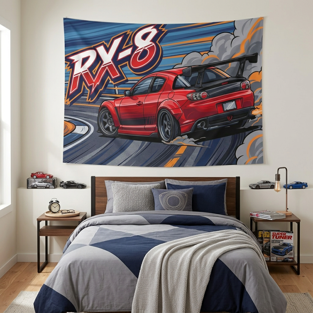 Mazda RX-8 Red GT Wing Dark Wheels Rear Drift Track Bold Graphic Car Wall Art Tapestry