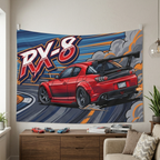 Mazda RX-8 Red GT Wing Dark Wheels Rear Drift Track Bold Graphic Car Wall Art Tapestry