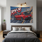 Mazda RX-8 Red GT Wing Dark Wheels Rear Drift Track Bold Graphic Car Wall Art Tapestry