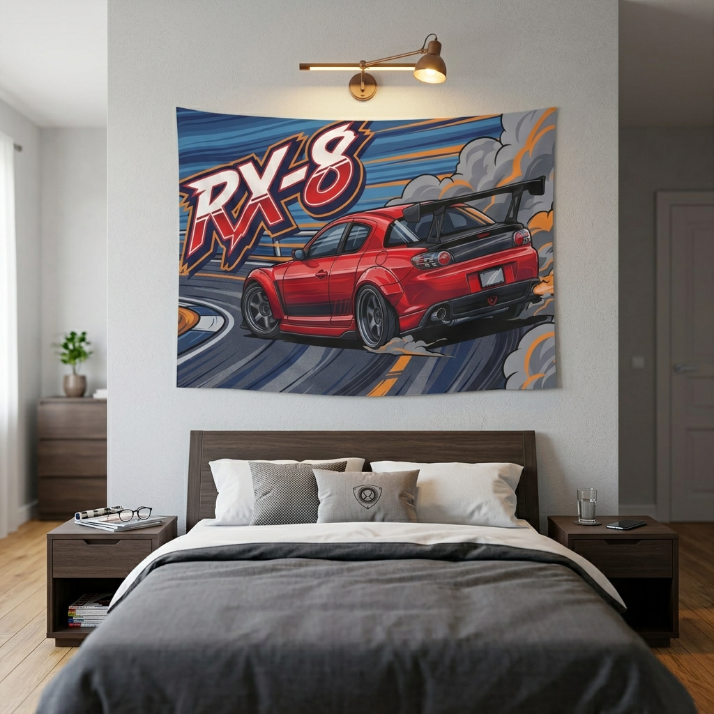 Mazda RX-8 Red GT Wing Dark Wheels Rear Drift Track Bold Graphic Car Wall Art Tapestry