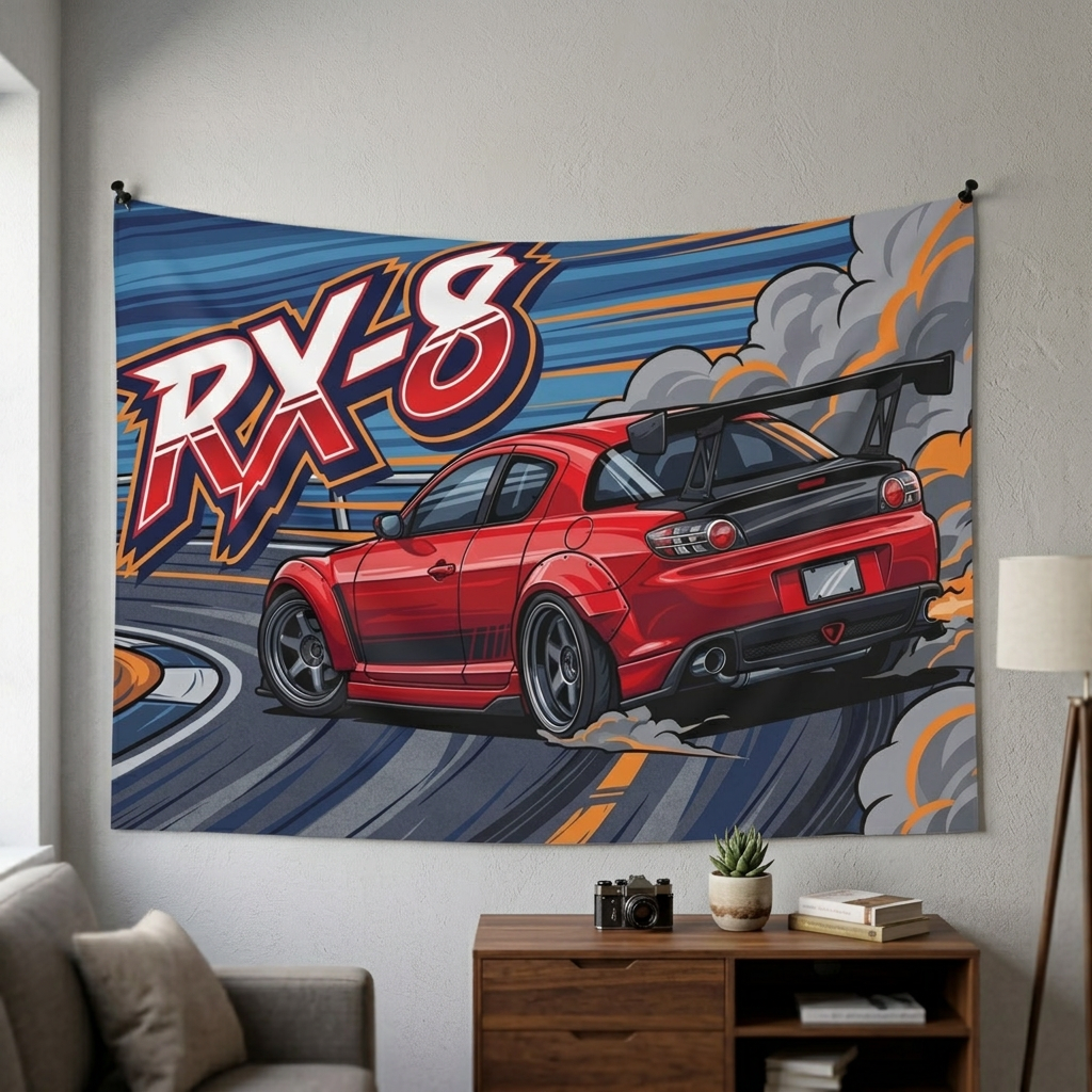 Mazda RX-8 Red GT Wing Dark Wheels Rear Drift Track Bold Graphic Car Wall Art Tapestry