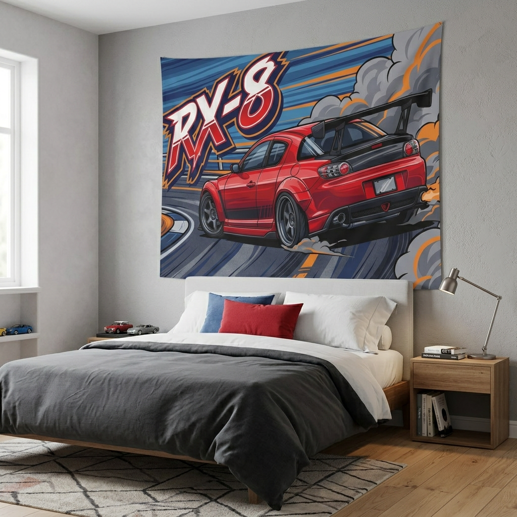 Mazda RX-8 Red GT Wing Dark Wheels Rear Drift Track Bold Graphic Car Wall Art Tapestry