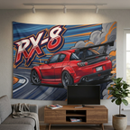 Mazda RX-8 Red GT Wing Dark Wheels Rear Drift Track Bold Graphic Car Wall Art Tapestry