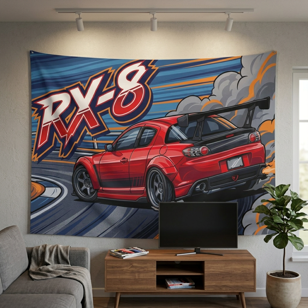 Mazda RX-8 Red GT Wing Dark Wheels Rear Drift Track Bold Graphic Car Wall Art Tapestry