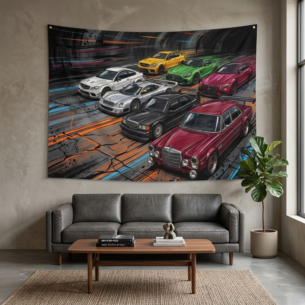 Mercedes-AMG Legends 300 SEL CLK GTR C63 GT R Heritage Car Wall Art Tapestry
