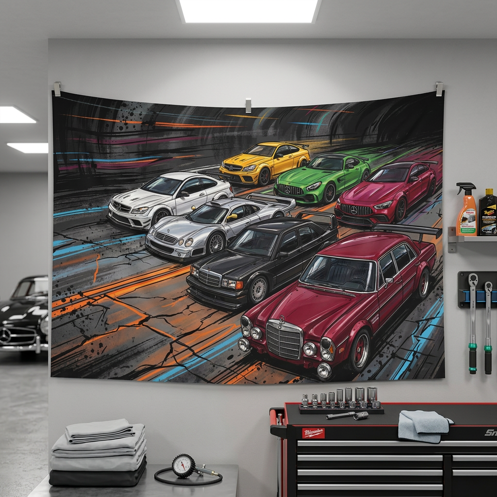 Mercedes-AMG Legends 300 SEL CLK GTR C63 GT R Heritage Car Wall Art Tapestry